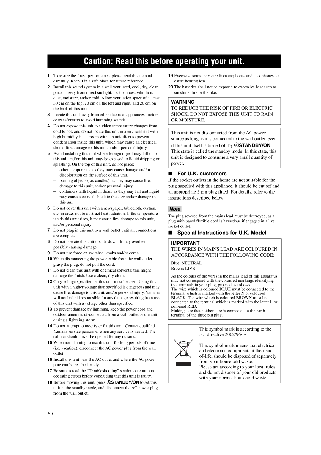 Yamaha DSP-AX463 owner manual For U.K. customers, Special Instructions for U.K. Model 