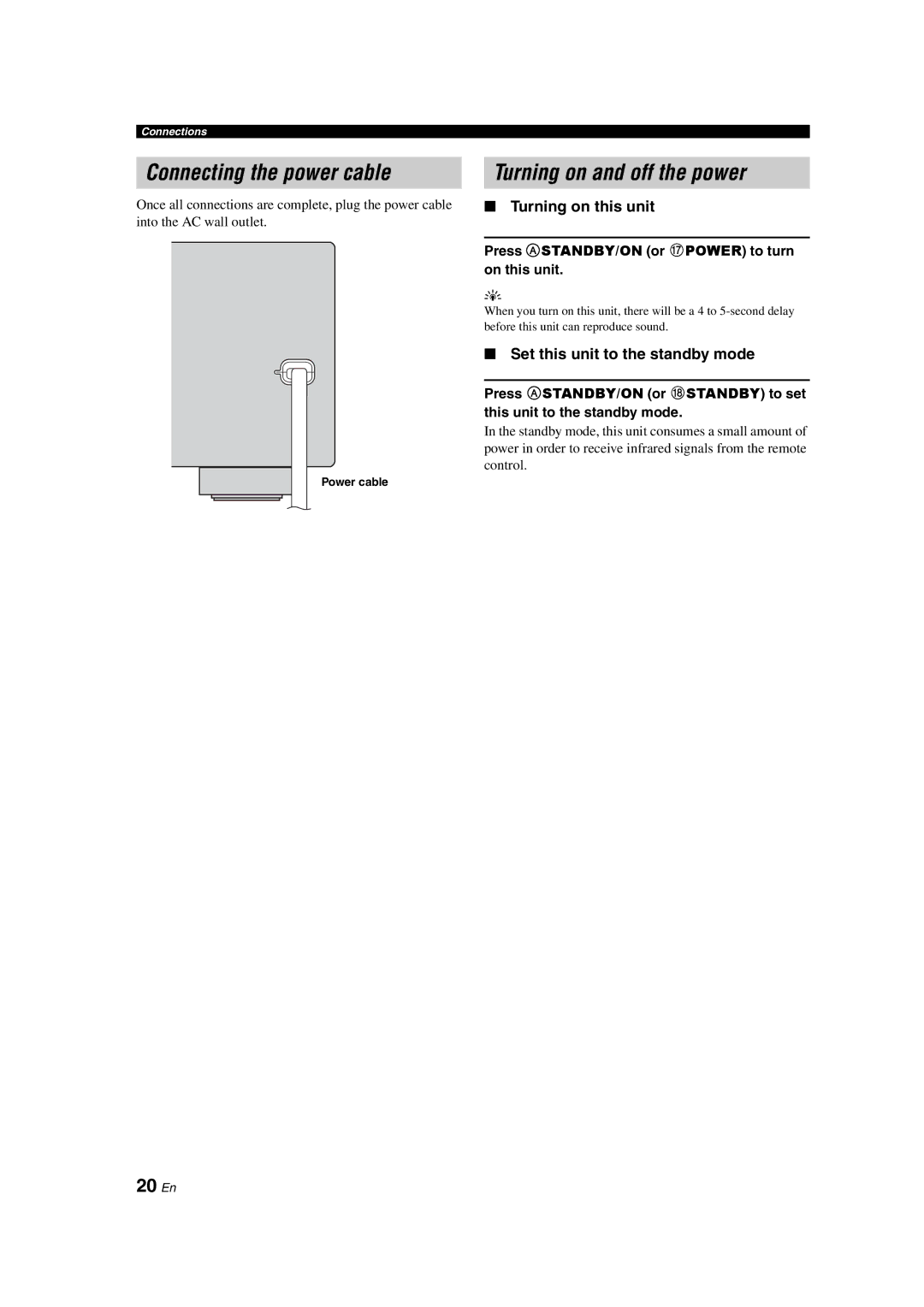 Yamaha DSP-AX463 owner manual Connecting the power cable Turning on and off the power, 20 En, Turning on this unit 