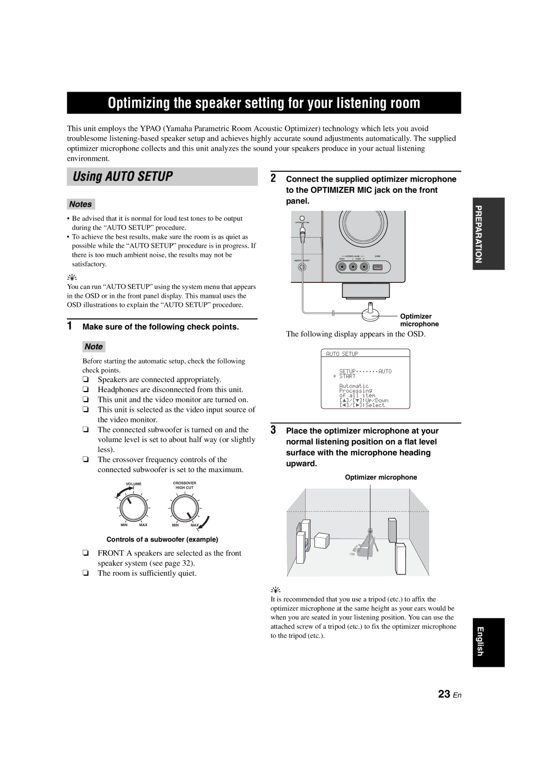 Yamaha DSP-AX463 owner manual Optimizing the speaker setting for your listening room, Using Auto Setup, 23 En 