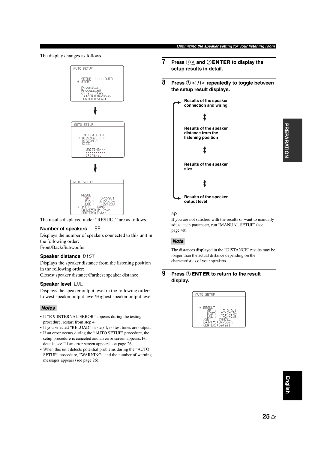 Yamaha DSP-AX463 owner manual 25 En, Number of speakers SP, Speaker distance Dist, Speaker level LVL 