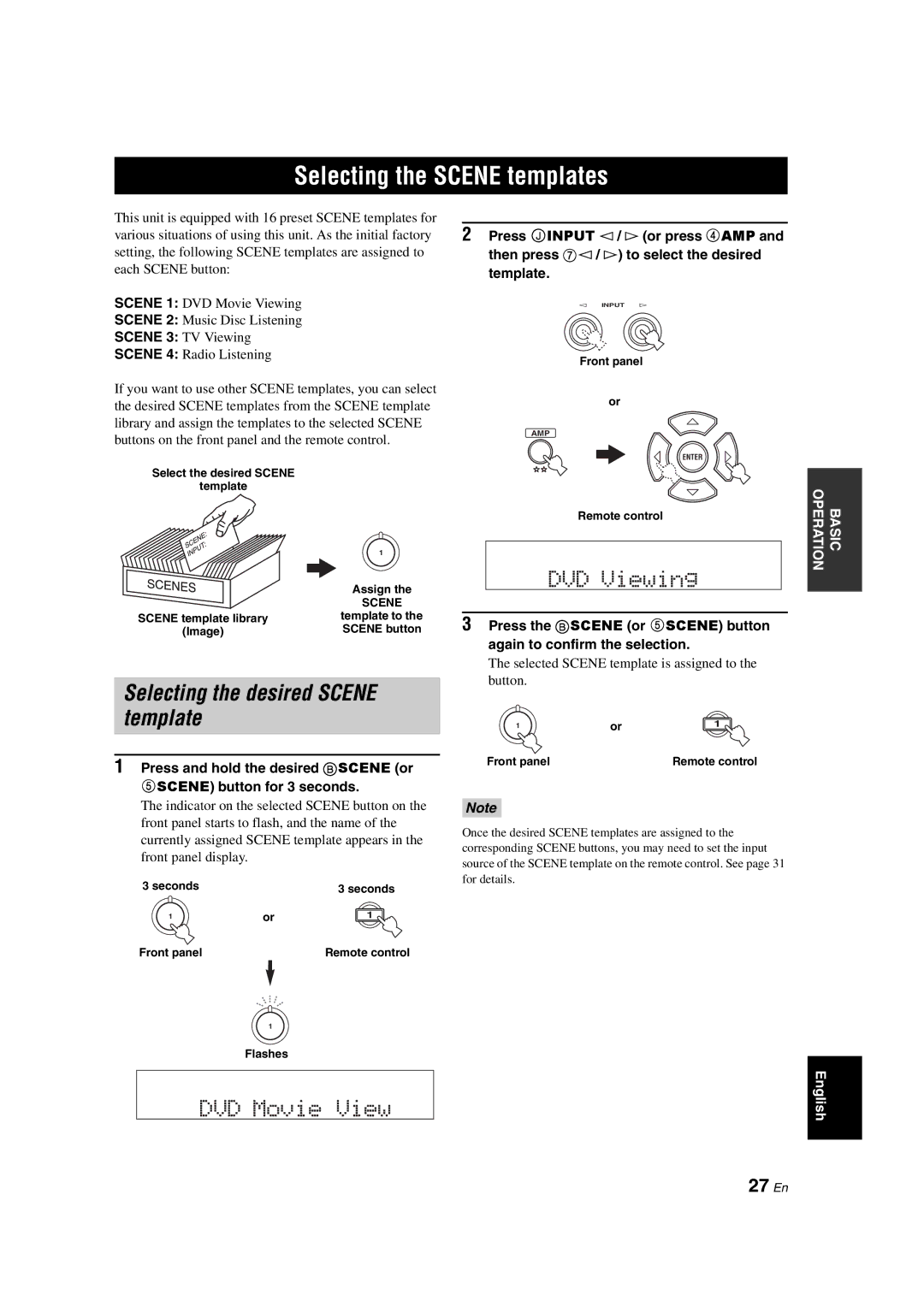 Yamaha DSP-AX463 owner manual Selecting the Scene templates, Selecting the desired Scene template, 27 En 