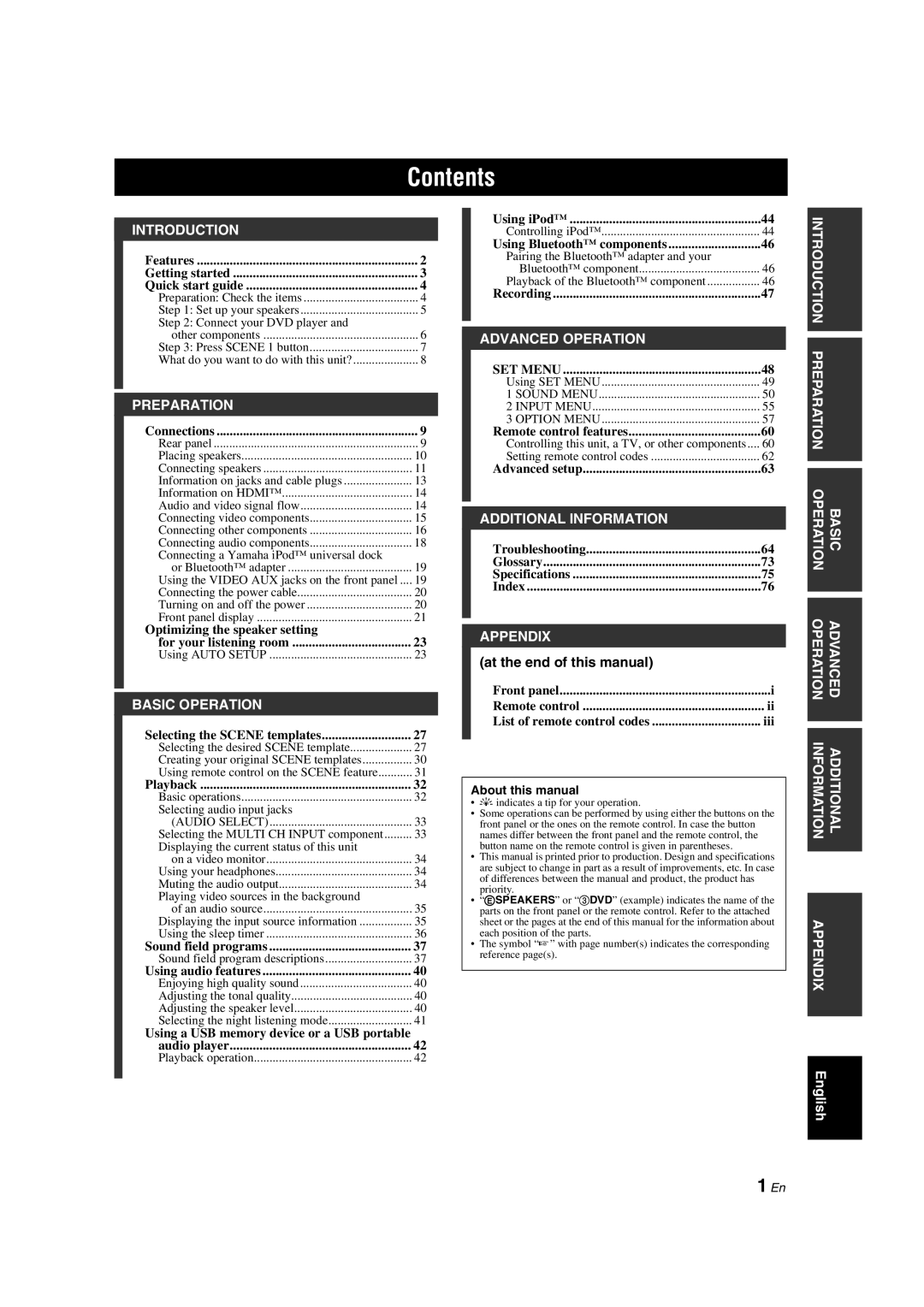 Yamaha DSP-AX463 owner manual Contents 