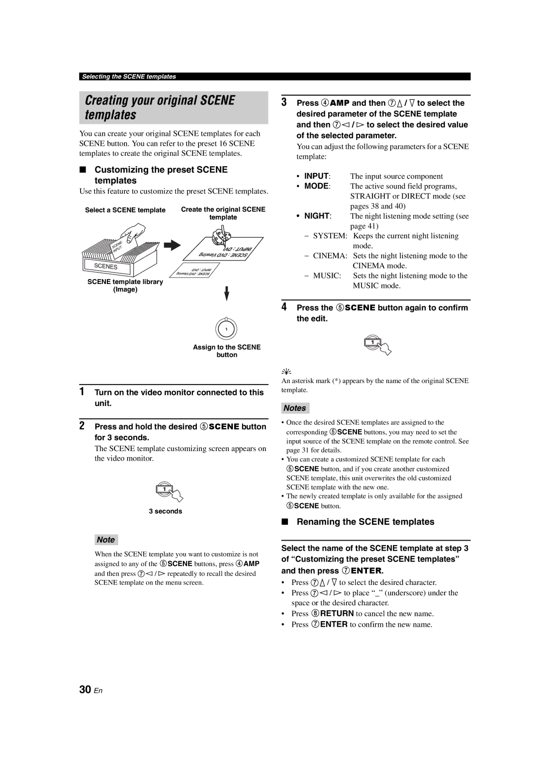 Yamaha DSP-AX463 owner manual Creating your original Scene templates, 30 En, Customizing the preset Scene Templates 