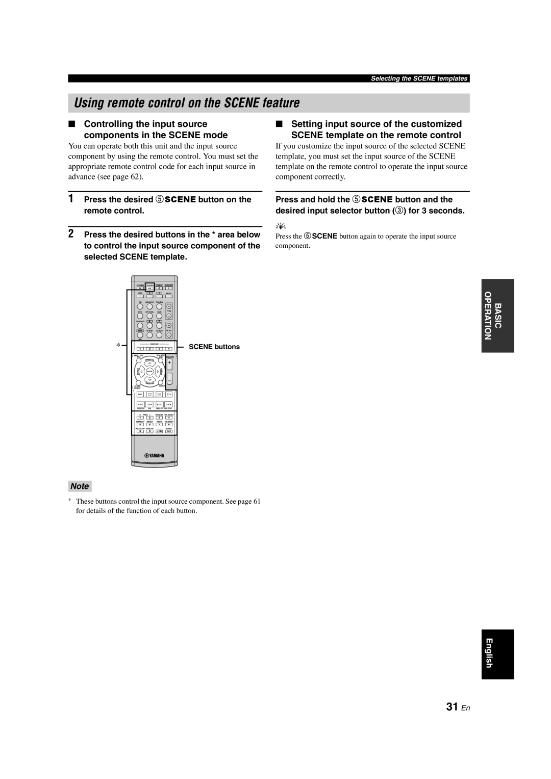 Yamaha DSP-AX463 owner manual Using remote control on the Scene feature, 31 En 