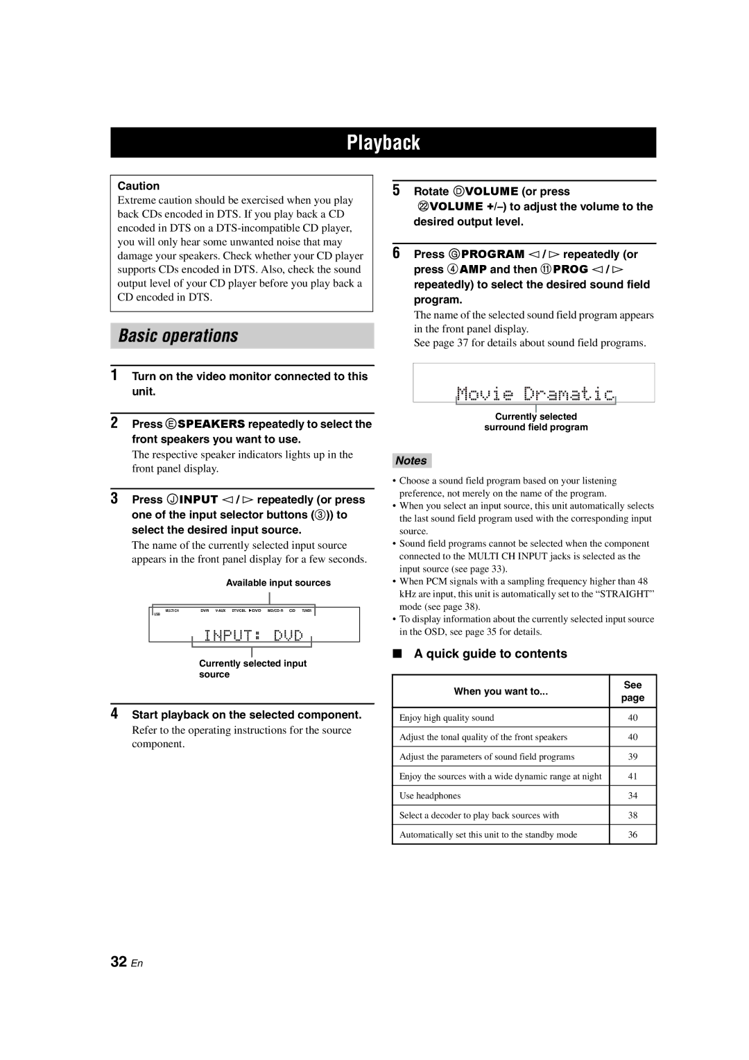 Yamaha DSP-AX463 owner manual Playback, Basic operations, 32 En, Quick guide to contents 