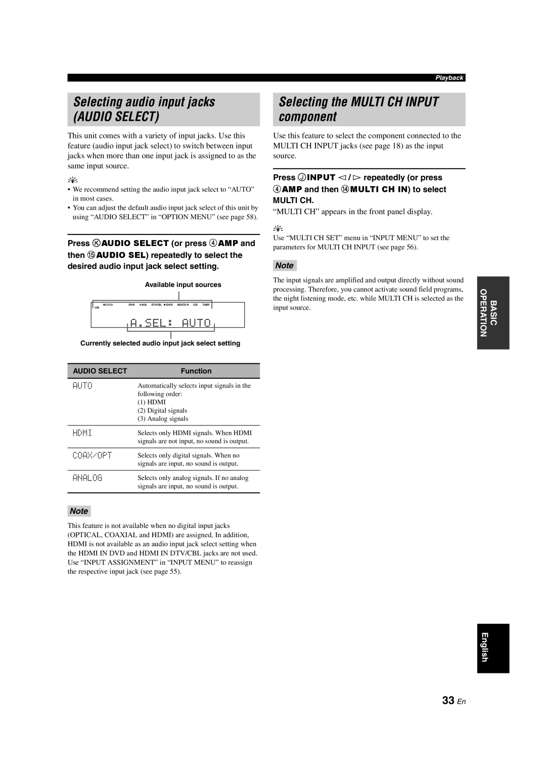 Yamaha DSP-AX463 owner manual Selecting audio input jacks, Selecting the Multi CH Input component, 33 En 