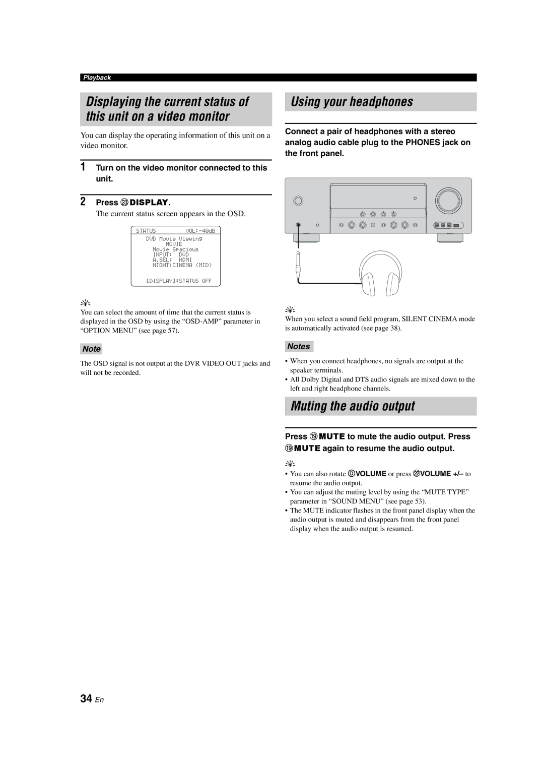 Yamaha DSP-AX463 Using your headphones, Muting the audio output, 34 En, Current status screen appears in the OSD 