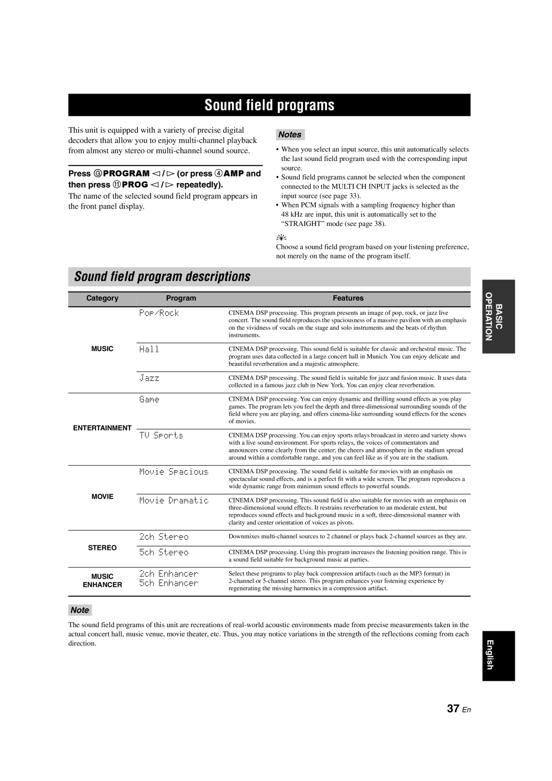 Yamaha DSP-AX463 owner manual Sound field programs, Sound field program descriptions, 37 En 