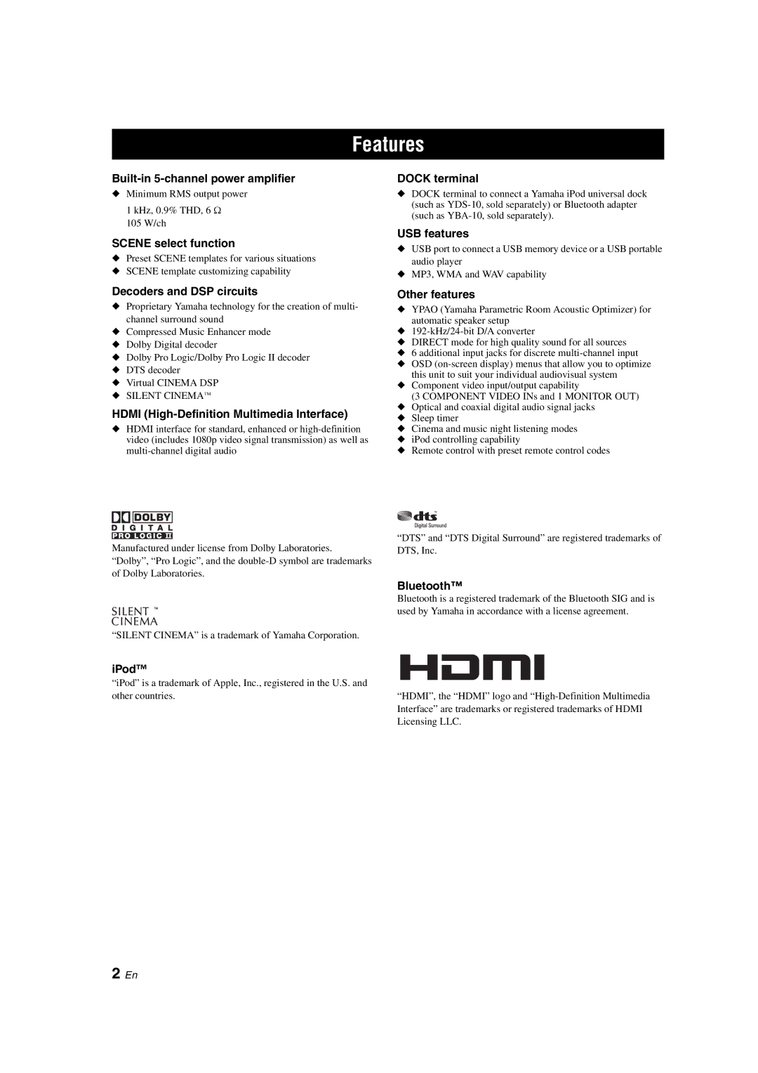 Yamaha DSP-AX463 owner manual Features 