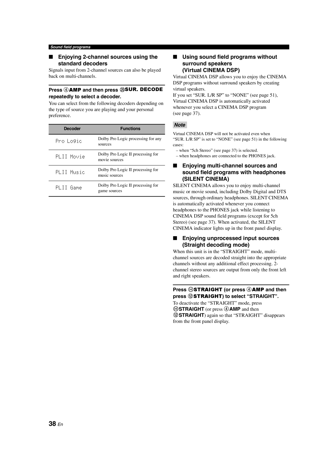 Yamaha DSP-AX463 owner manual 38 En, Enjoying 2-channel sources using Standard decoders 