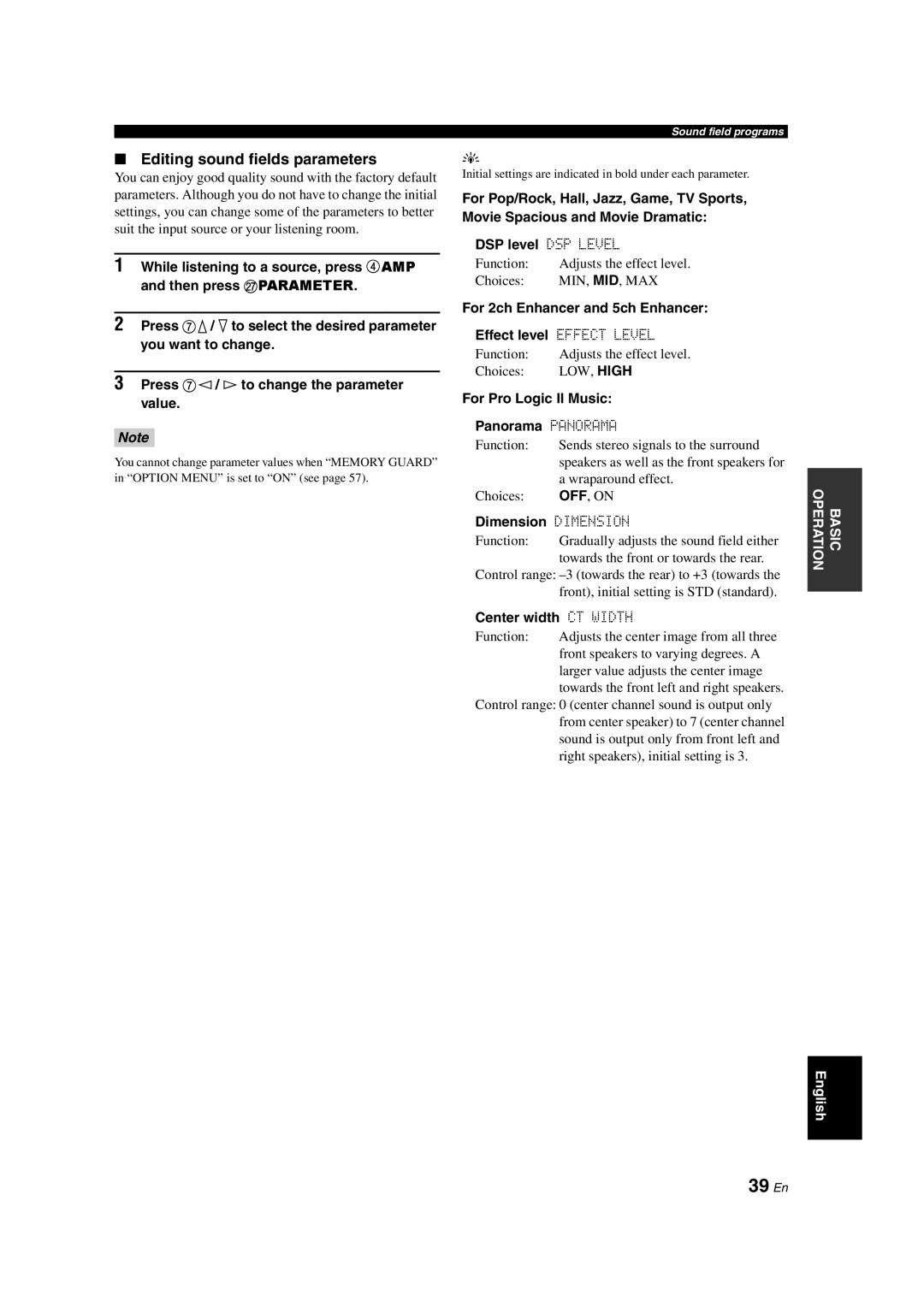 Yamaha DSP-AX463 owner manual 39 En, Editing sound fields parameters 