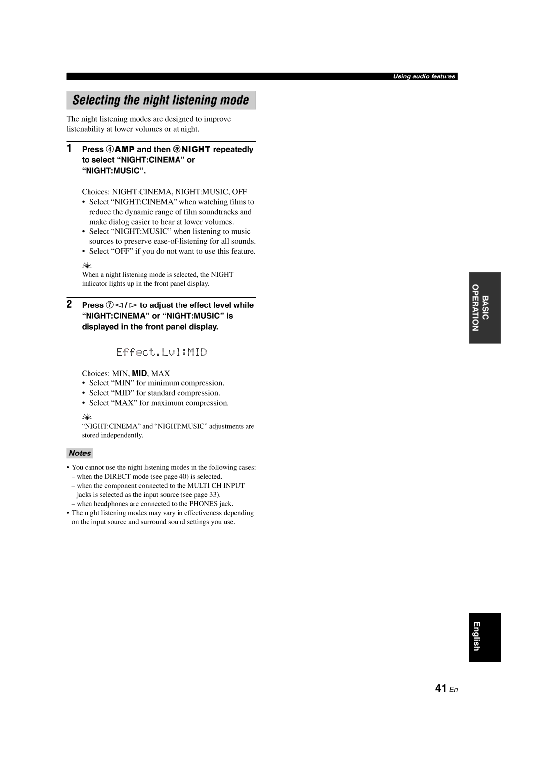 Yamaha DSP-AX463 owner manual Selecting the night listening mode, 41 En 