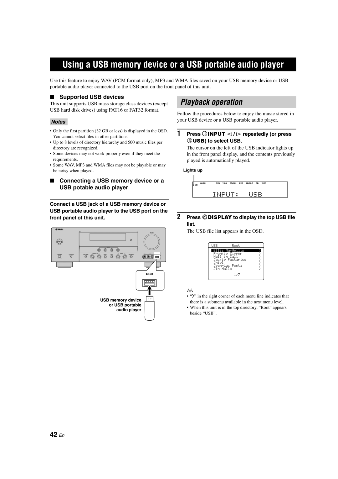 Yamaha DSP-AX463 Playback operation, 42 En, Supported USB devices, Press Mdisplay to display the top USB file list 