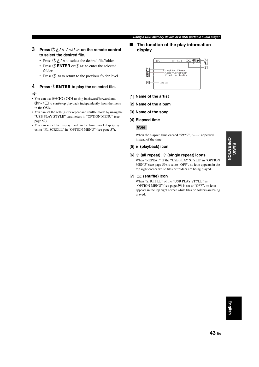 Yamaha DSP-AX463 43 En, Function of the play information display, Press 7ENTER to play the selected file, Shuffle icon 