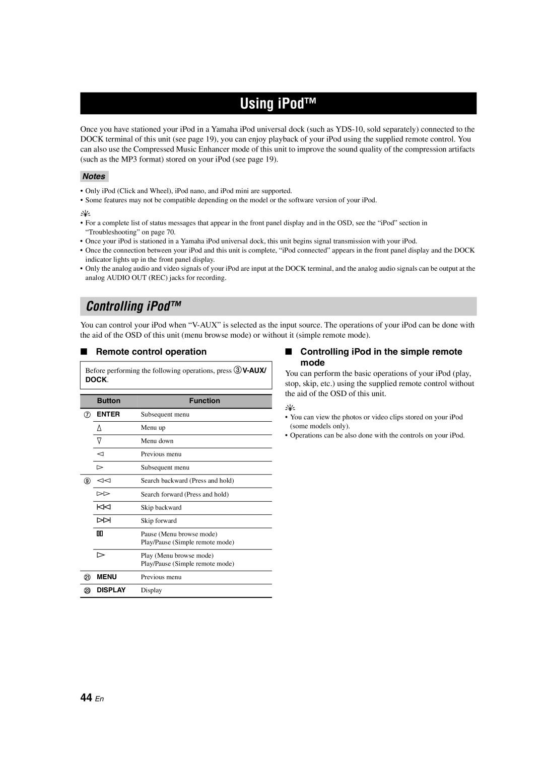 Yamaha DSP-AX463 owner manual Using iPod, 44 En, Remote control operation, Controlling iPod in the simple remote Mode 