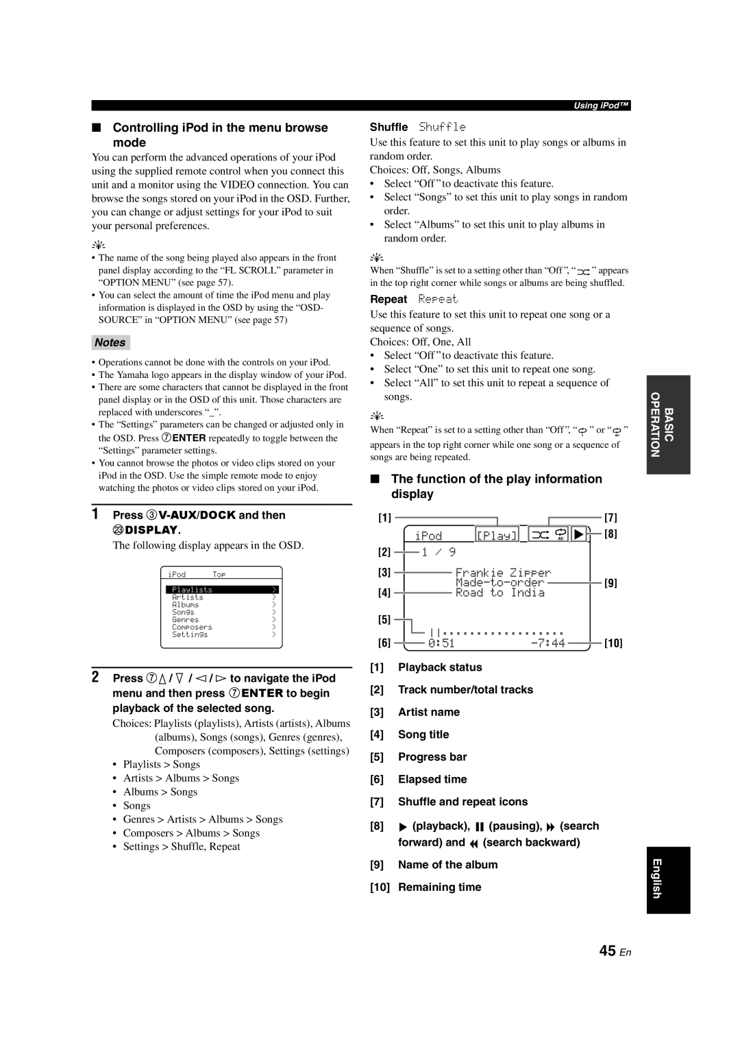 Yamaha DSP-AX463 owner manual 45 En, Controlling iPod in the menu browse Mode, Press 3V-AUX/DOCKand then, Shuffle Shuffle 