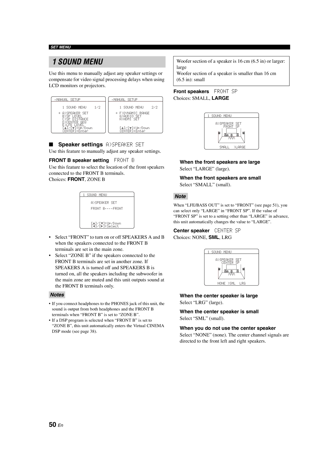 Yamaha DSP-AX463 owner manual 50 En, Speaker settings Aspeaker SET 