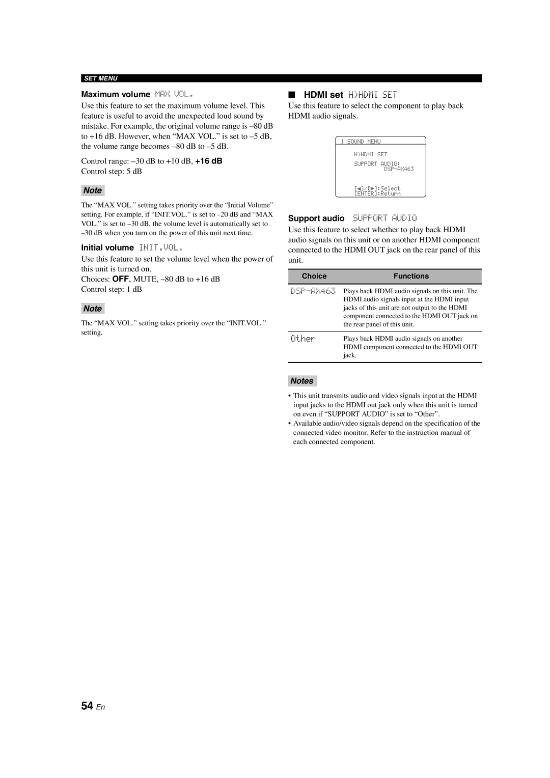 Yamaha DSP-AX463 owner manual 54 En, Maximum volume MAX VOL, Initial volume INIT.VOL, Support audio Support Audio 