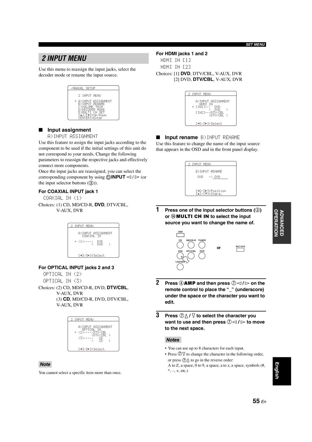 Yamaha DSP-AX463 owner manual 55 En, Input assignment, For Coaxial Input jack, For Optical Input jacks 2, For Hdmi jacks 1 