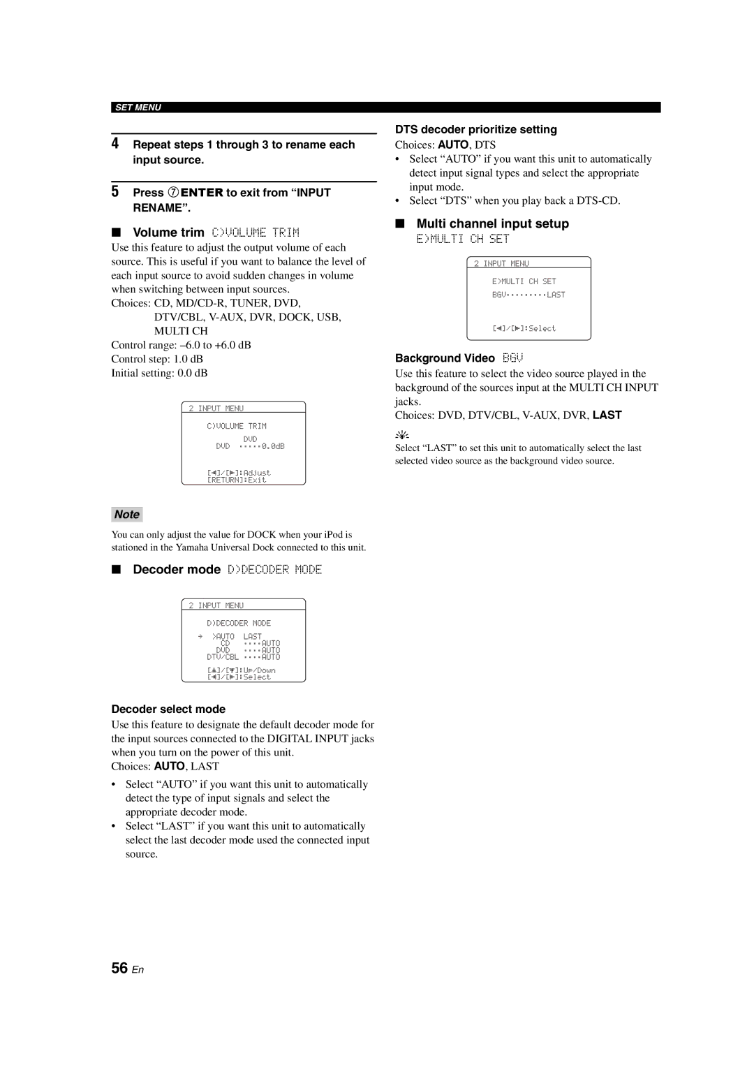 Yamaha DSP-AX463 owner manual 56 En, Multi channel input setup, Decoder select mode, DTS decoder prioritize setting 