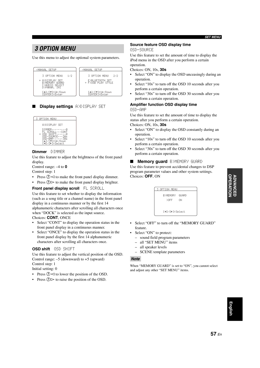 Yamaha DSP-AX463 owner manual 57 En, Display settings Adisplay SET 