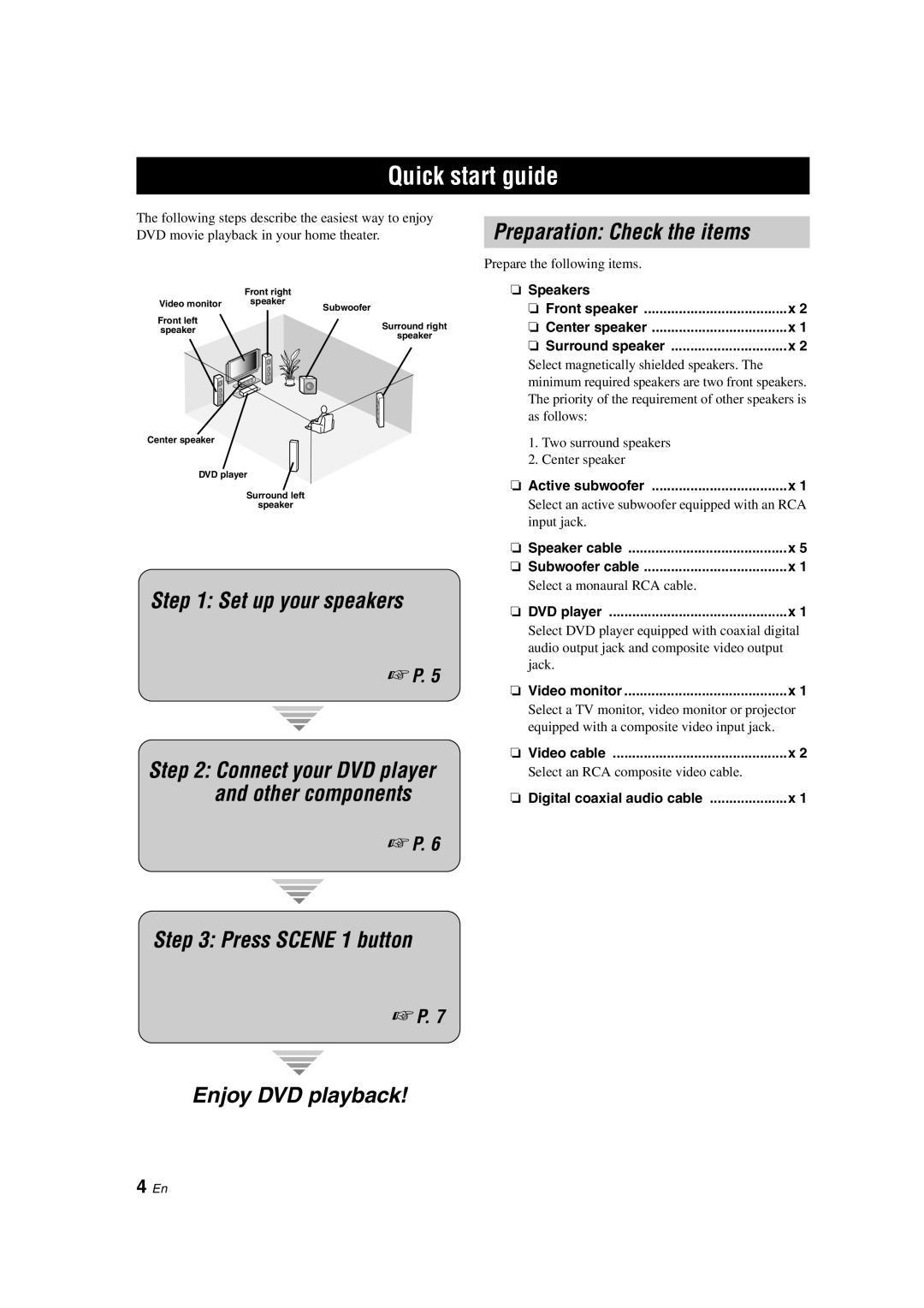 Yamaha DSP-AX463 owner manual Quick start guide, Set up your speakers, Preparation Check the items 