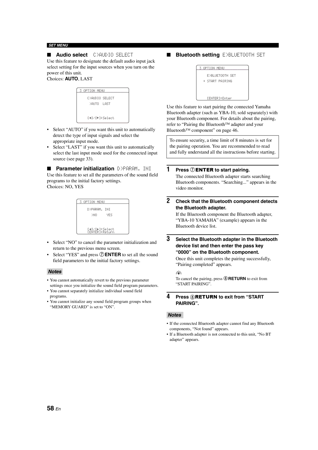 Yamaha DSP-AX463 owner manual 58 En, Parameter initialization DPARAM. INI, Bluetooth setting Ebluetooth SET 