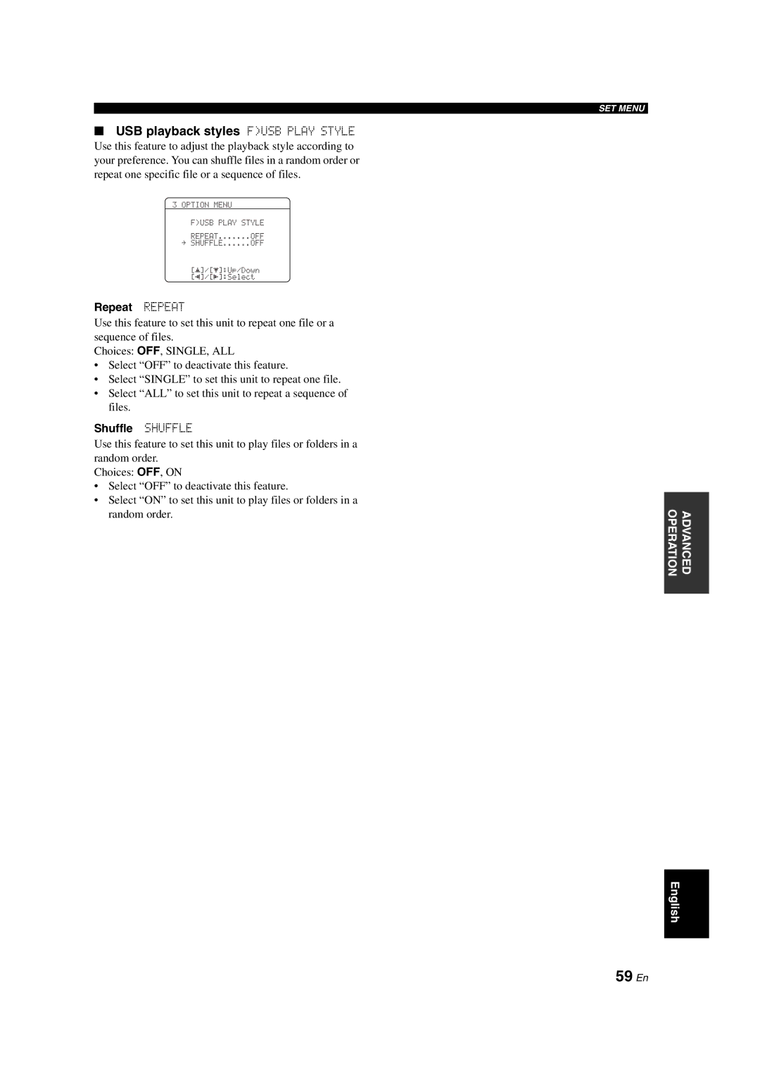 Yamaha DSP-AX463 owner manual 59 En, USB playback styles Fusb Play Style 