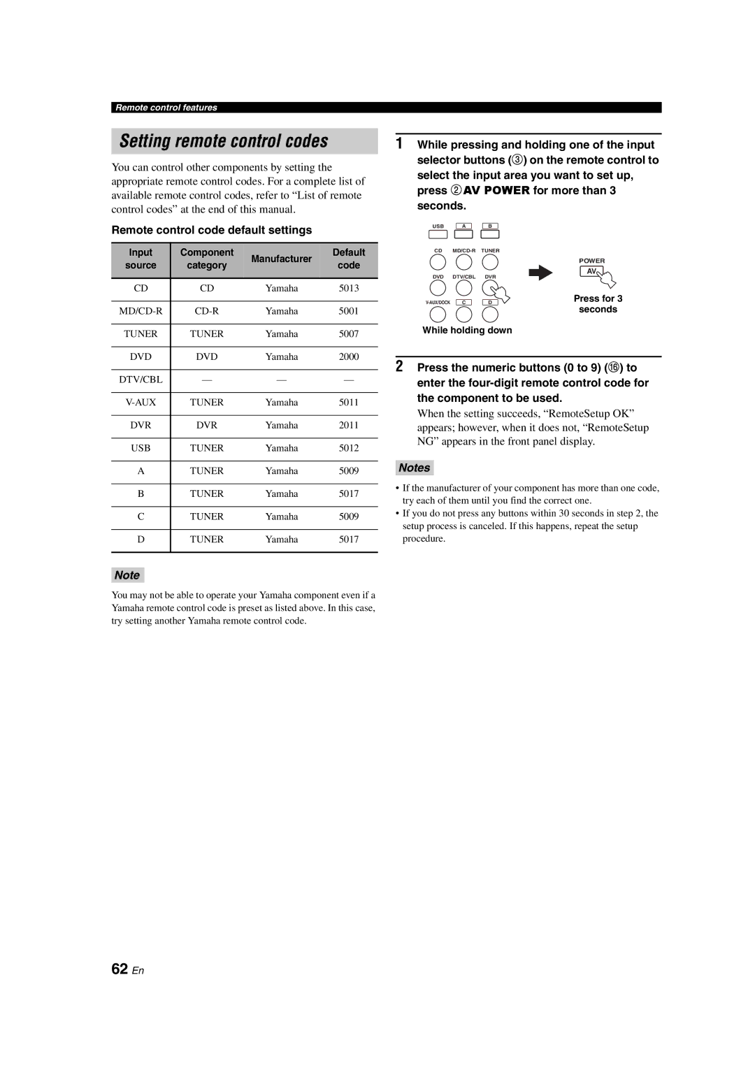 Yamaha DSP-AX463 owner manual Setting remote control codes, 62 En, Remote control code default settings 