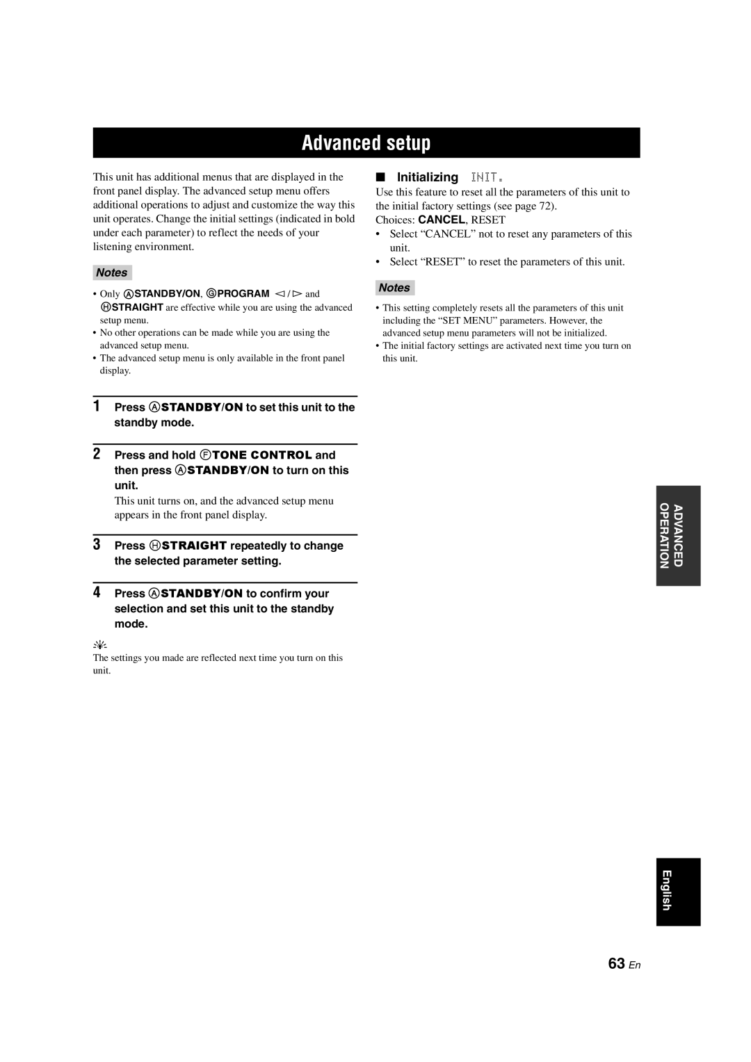 Yamaha DSP-AX463 owner manual Advanced setup, 63 En, Initializing Init, Only a STANDBY/ON, G Program l / h 