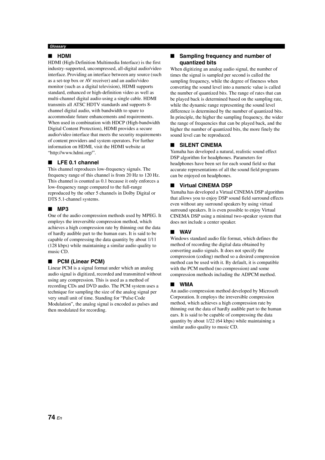 Yamaha DSP-AX463 owner manual 74 En, LFE 0.1 channel, MP3, PCM Linear PCM, Sampling frequency and number Quantized bits 