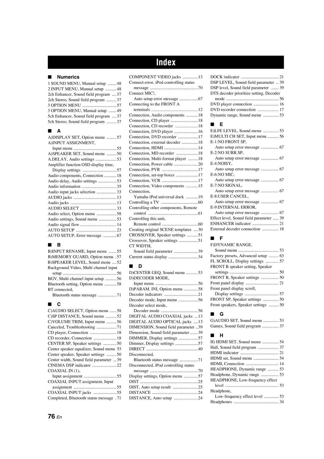 Yamaha DSP-AX463 owner manual Index, 76 En, Numerics 