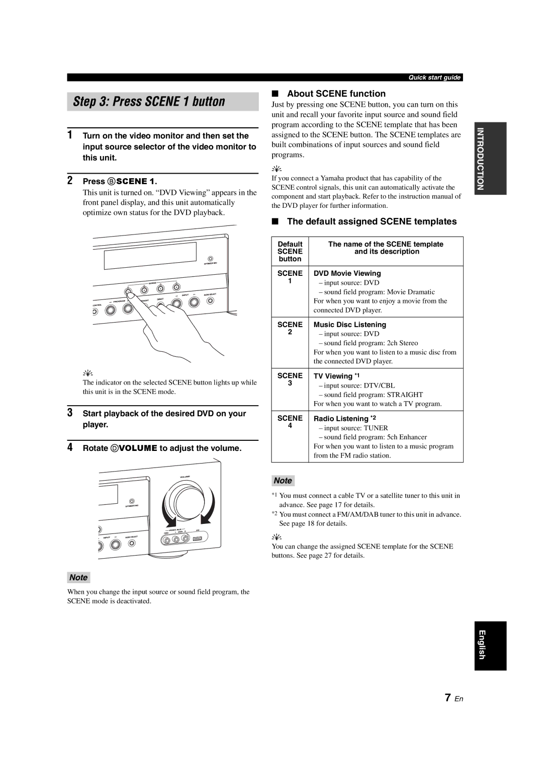 Yamaha DSP-AX463 owner manual Press Scene 1 button, About Scene function, Default assigned Scene templates 