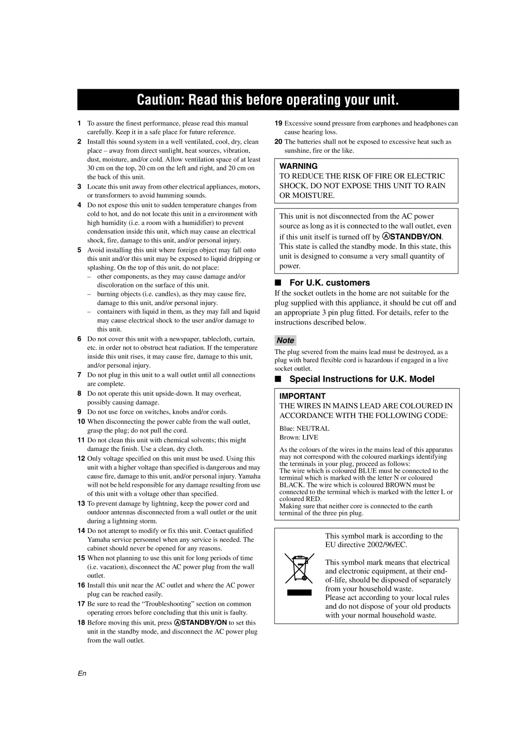 Yamaha DSP-AX463 Caution Read this before operating your unit, For U.K. customers, Special Instructions for U.K. Model 