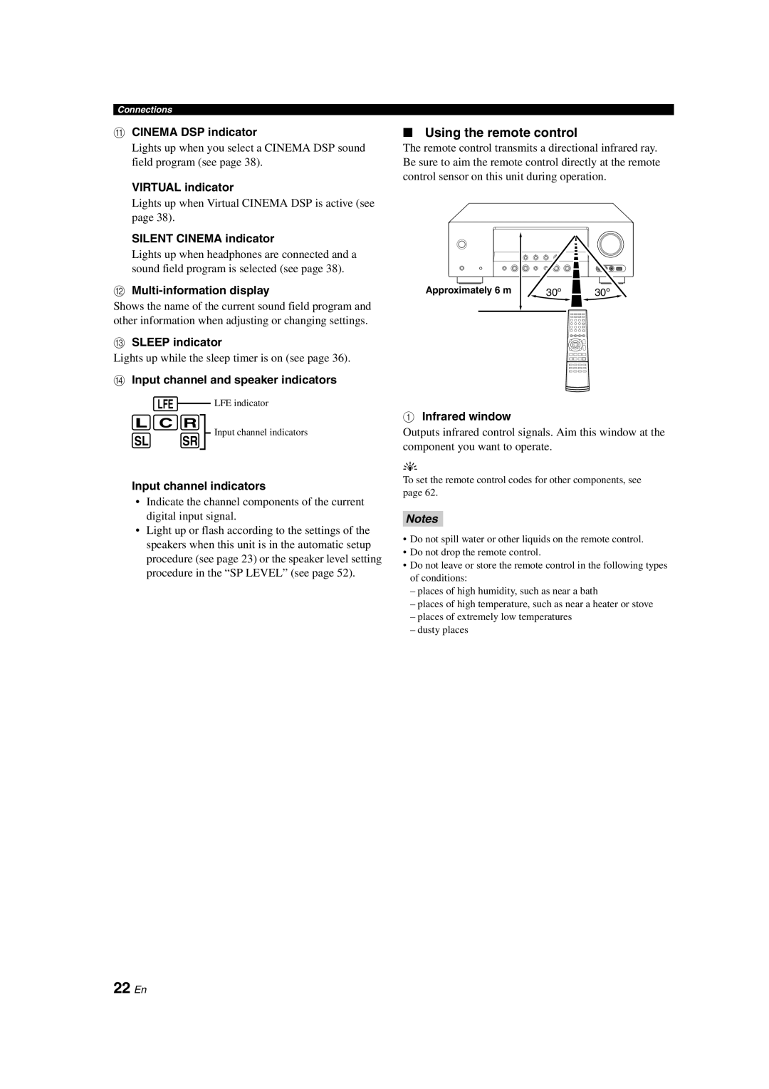 Yamaha DSP-AX463 22 En, L C R, Sl Sr, Using the remote control, ACINEMA DSP indicator, VIRTUAL indicator, CSLEEP indicator 
