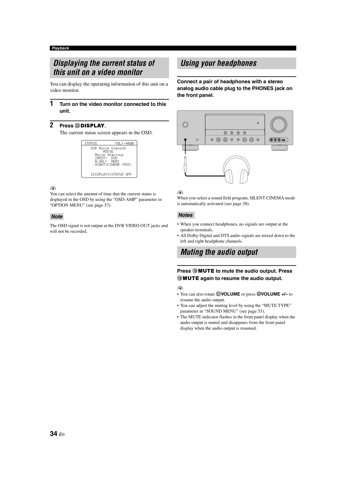 Yamaha DSP-AX463 owner manual Using your headphones, Muting the audio output, 34 En, 2Press MDISPLAY 