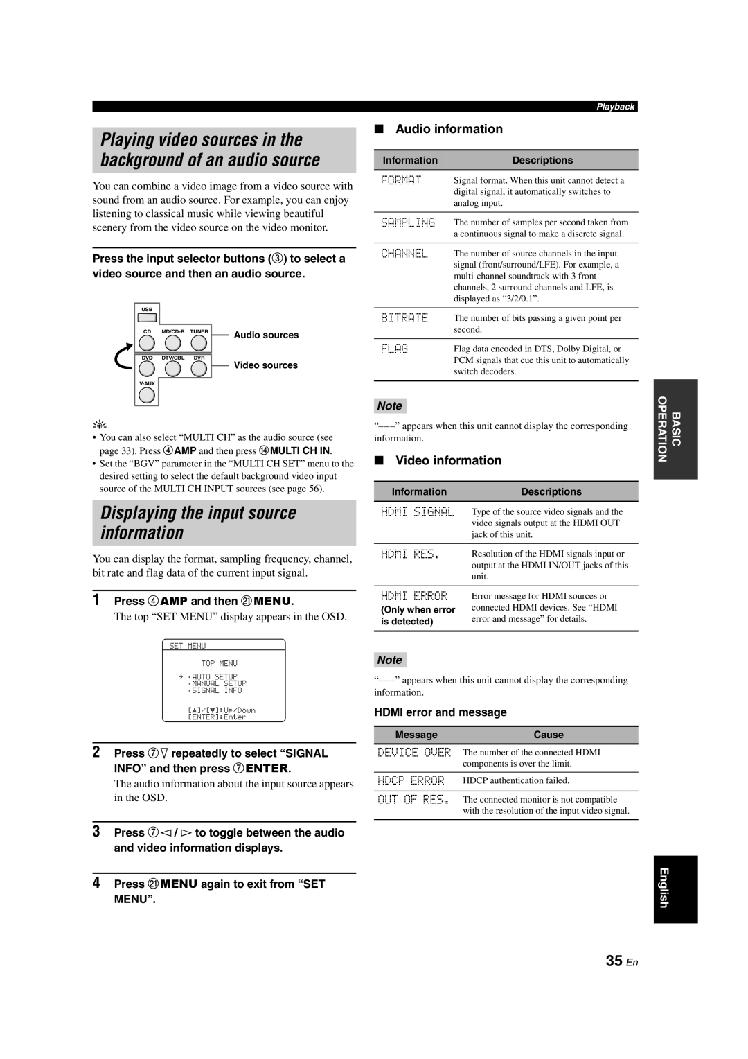 Yamaha DSP-AX463 owner manual Displaying the input source information, 35 En, Audio information, Video information 