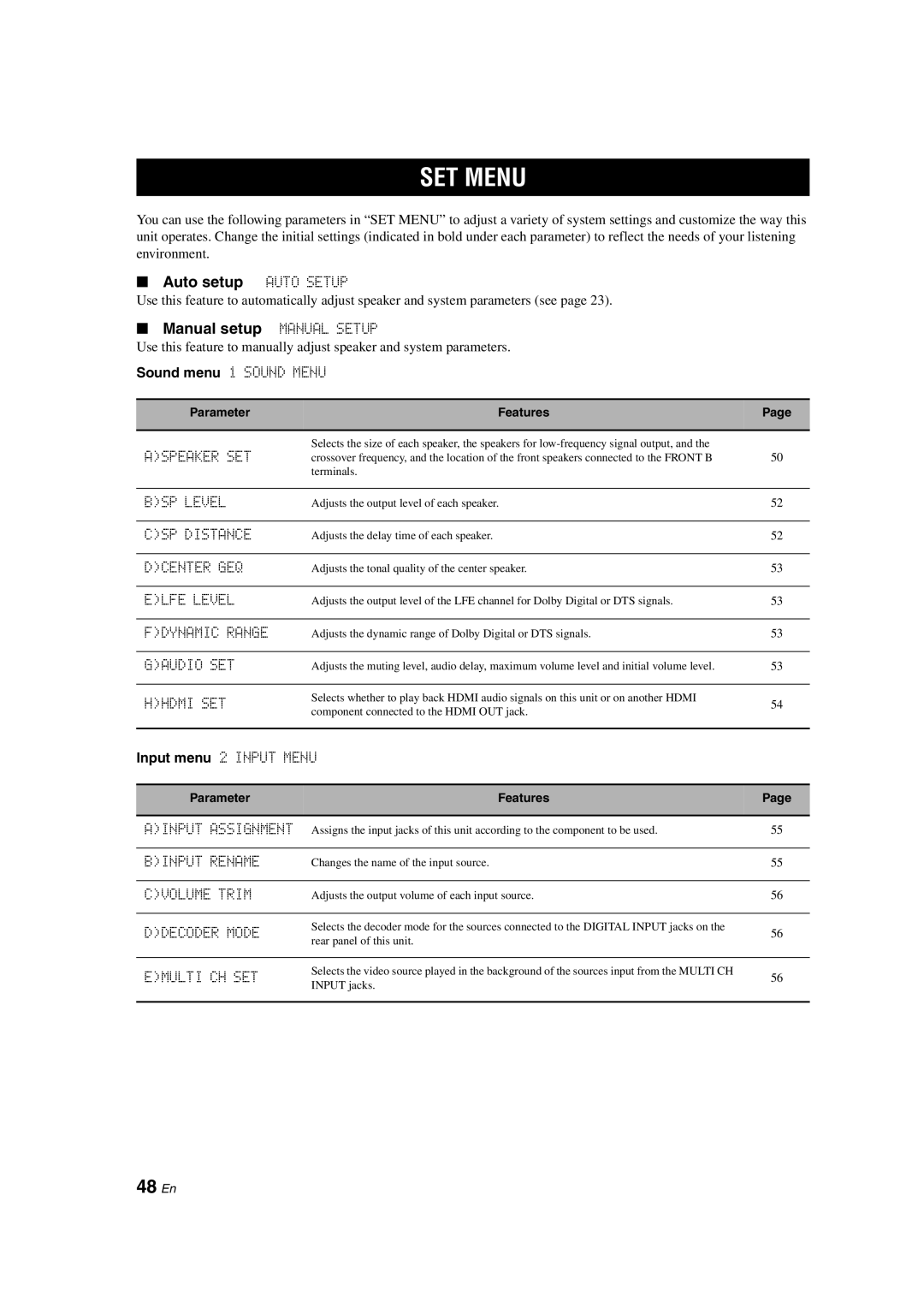 Yamaha DSP-AX463 owner manual Set Menu, 48 En, Auto setup AUTO SETUP, Manual setup MANUAL SETUP 