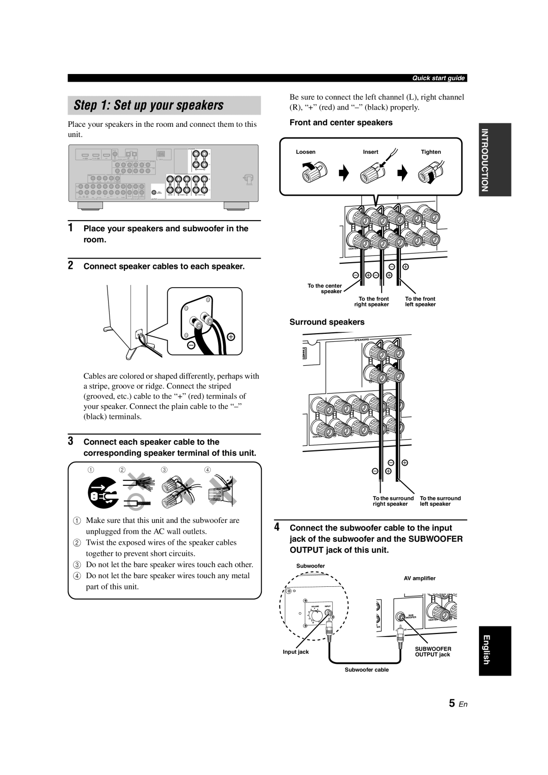 Yamaha DSP-AX463 owner manual 5 En, 1Place your speakers and subwoofer in the room, 2Connect speaker cables to each speaker 