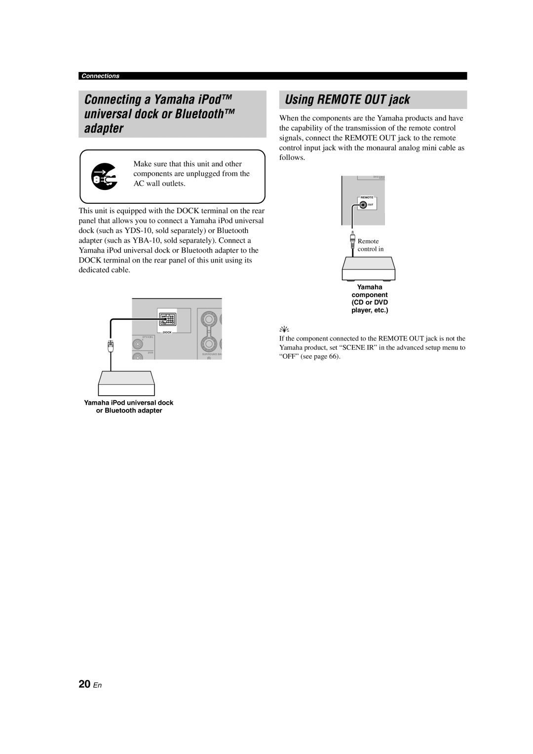 Yamaha DSP-AX563 owner manual Using Remote OUT jack, 20 En, Yamaha Component CD or DVD player, etc 