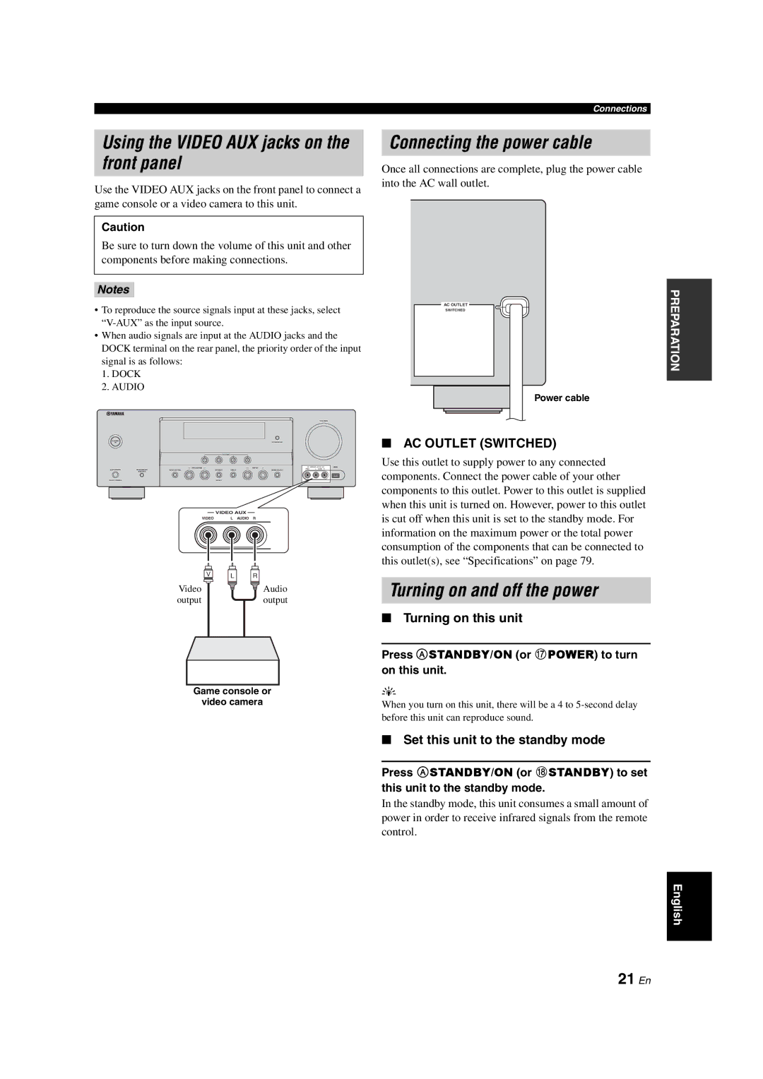 Yamaha DSP-AX563 Using the Video AUX jacks on the front panel, Connecting the power cable, Turning on and off the power 