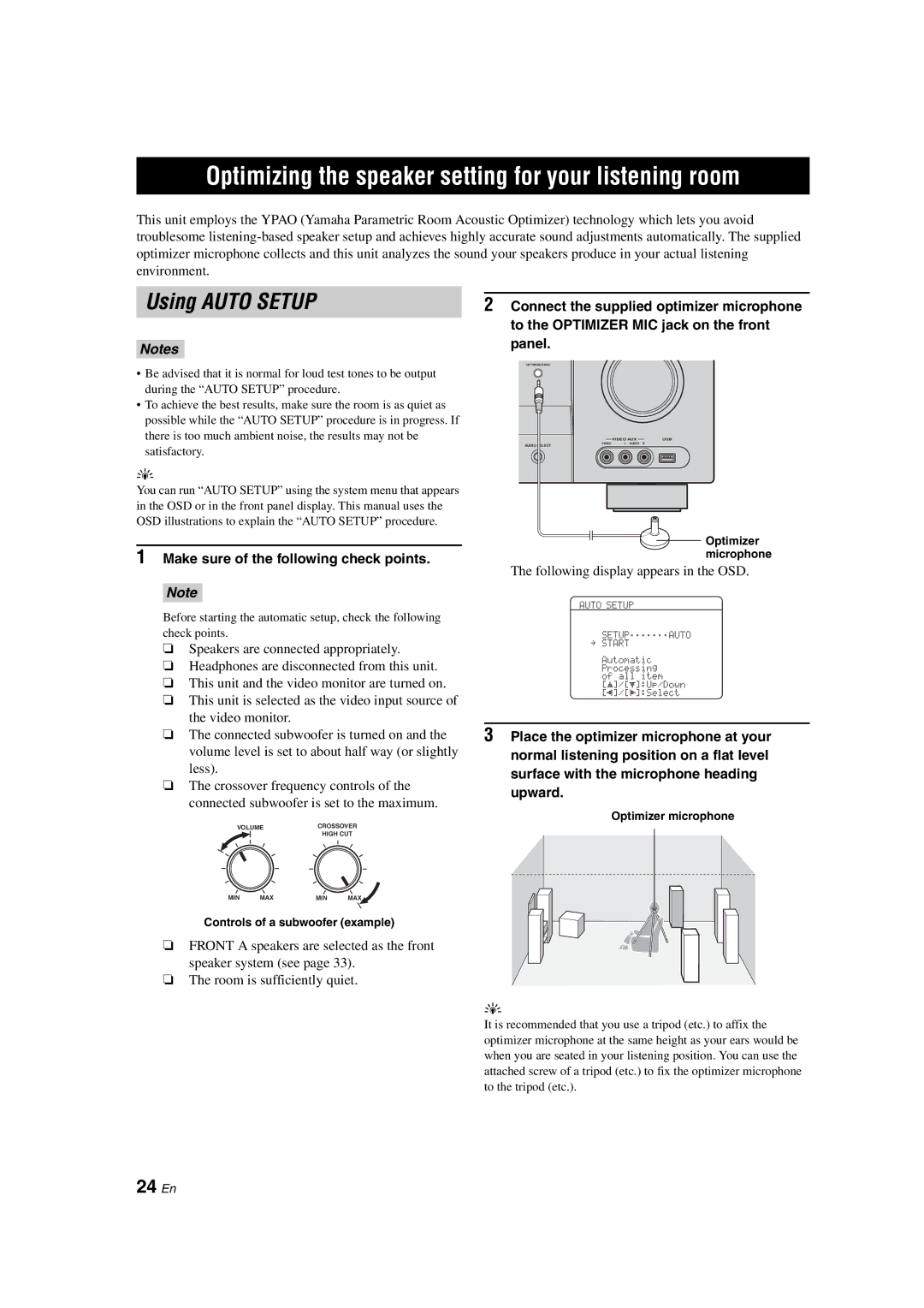 Yamaha DSP-AX563 owner manual Optimizing the speaker setting for your listening room, Using Auto Setup, 24 En 