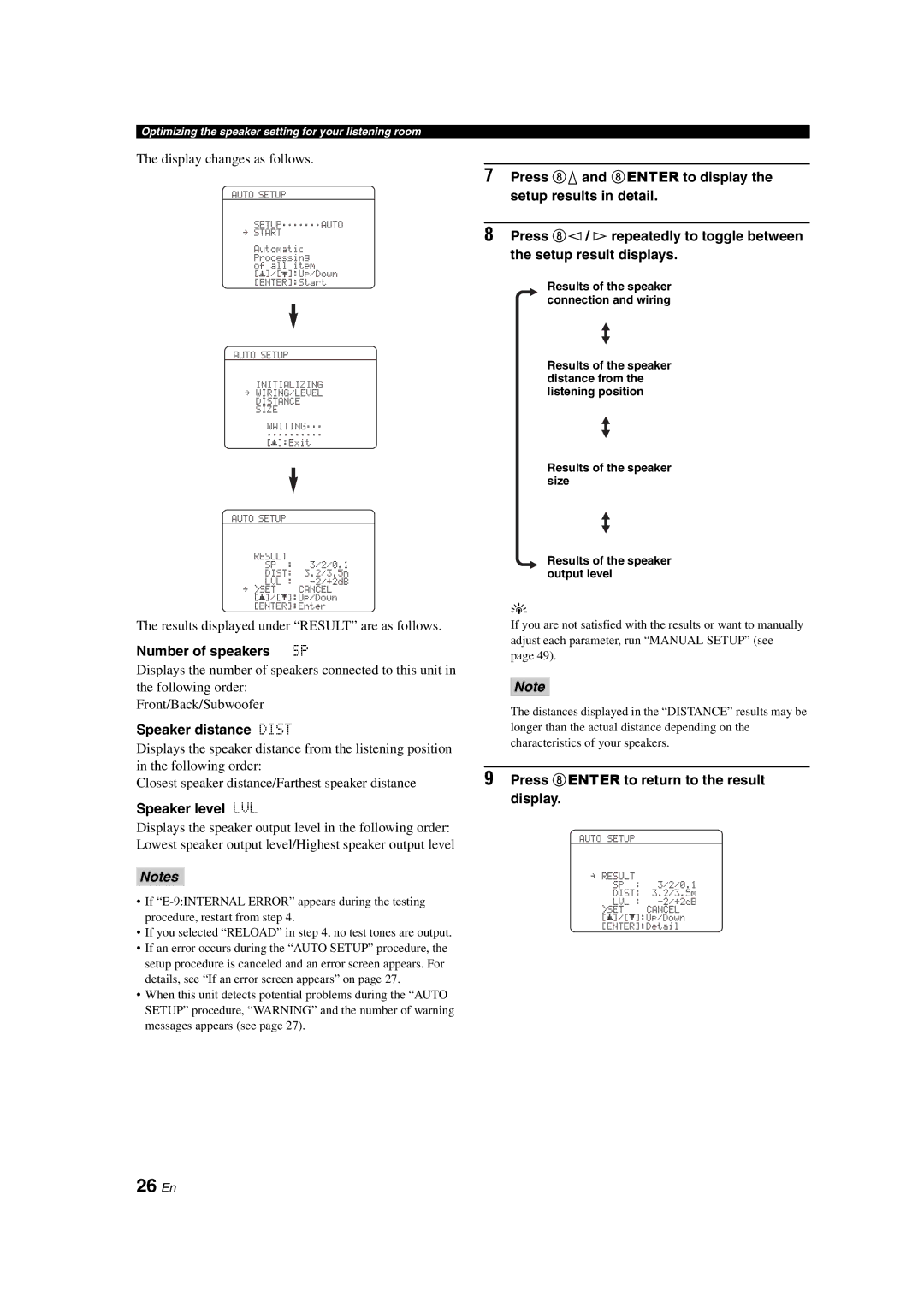 Yamaha DSP-AX563 owner manual 26 En, Number of speakers SP, Speaker distance Dist, Speaker level LVL 