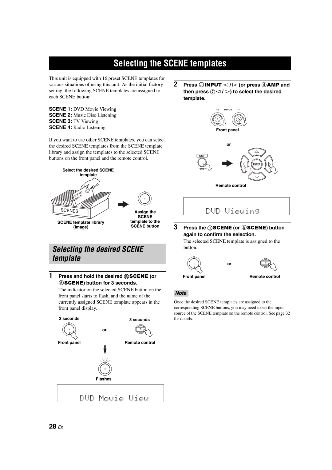 Yamaha DSP-AX563 owner manual Selecting the Scene templates, Selecting the desired Scene template, 28 En 