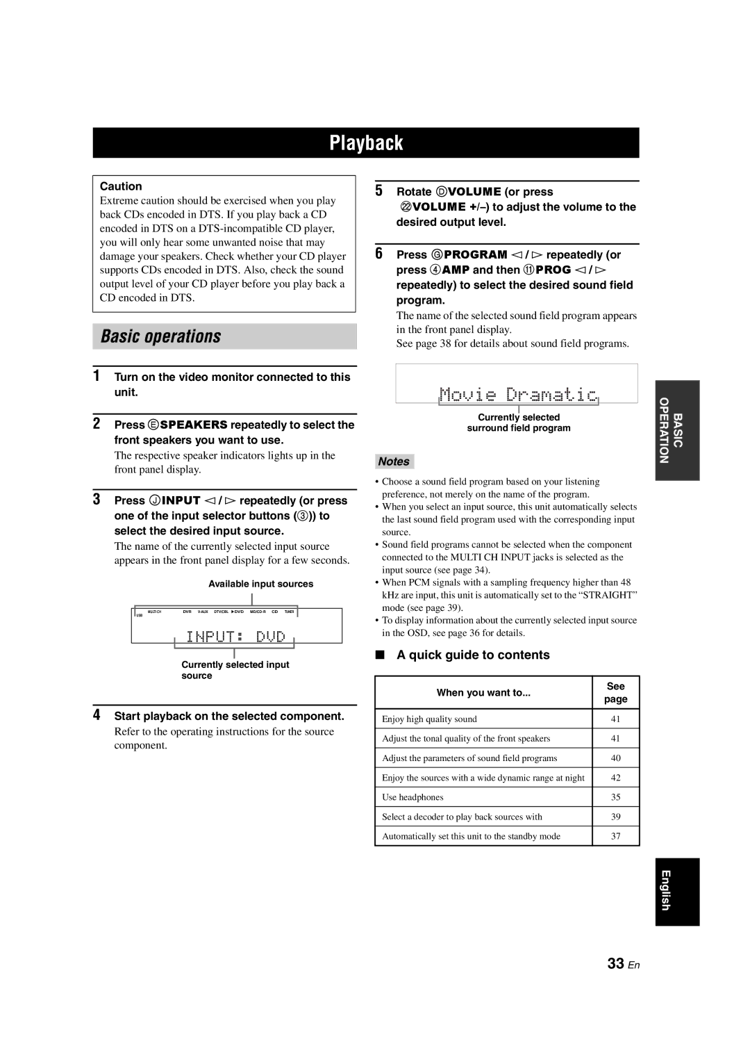 Yamaha DSP-AX563 owner manual Playback, Basic operations, 33 En, Quick guide to contents 