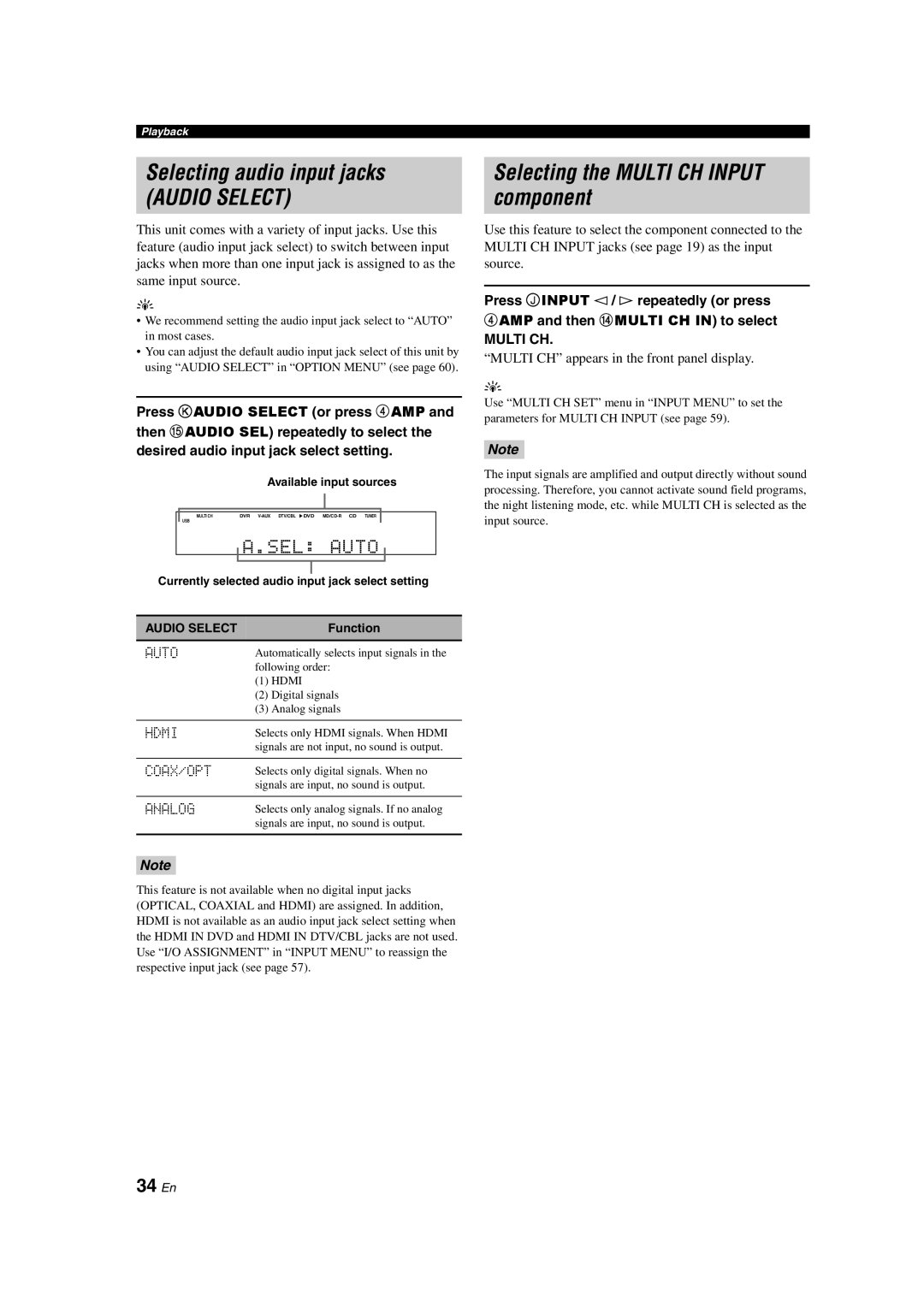 Yamaha DSP-AX563 owner manual Selecting audio input jacks, Selecting the Multi CH Input component, 34 En 