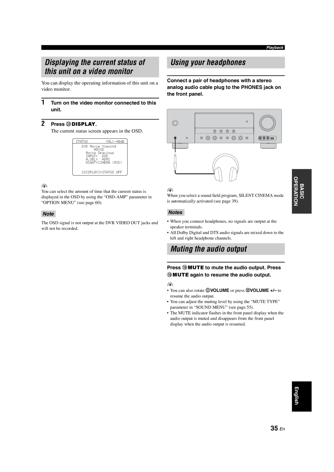 Yamaha DSP-AX563 Using your headphones, Muting the audio output, 35 En, Current status screen appears in the OSD 