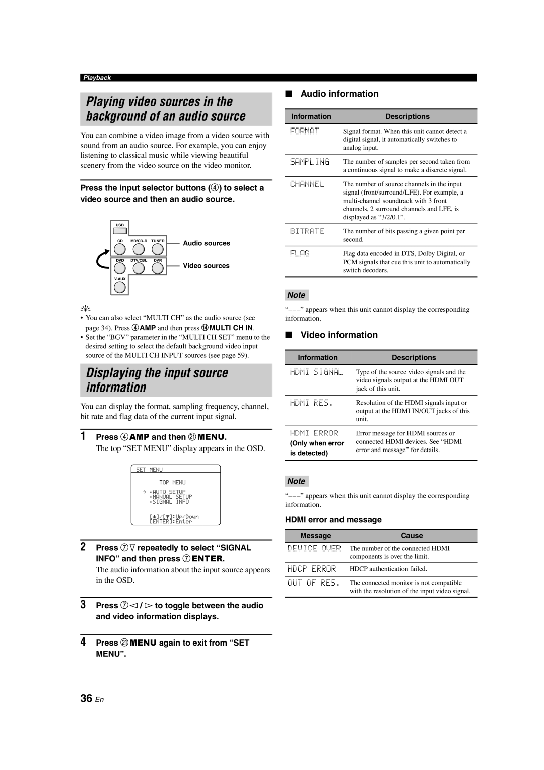 Yamaha DSP-AX563 owner manual Displaying the input source information, 36 En, Audio information, Video information 