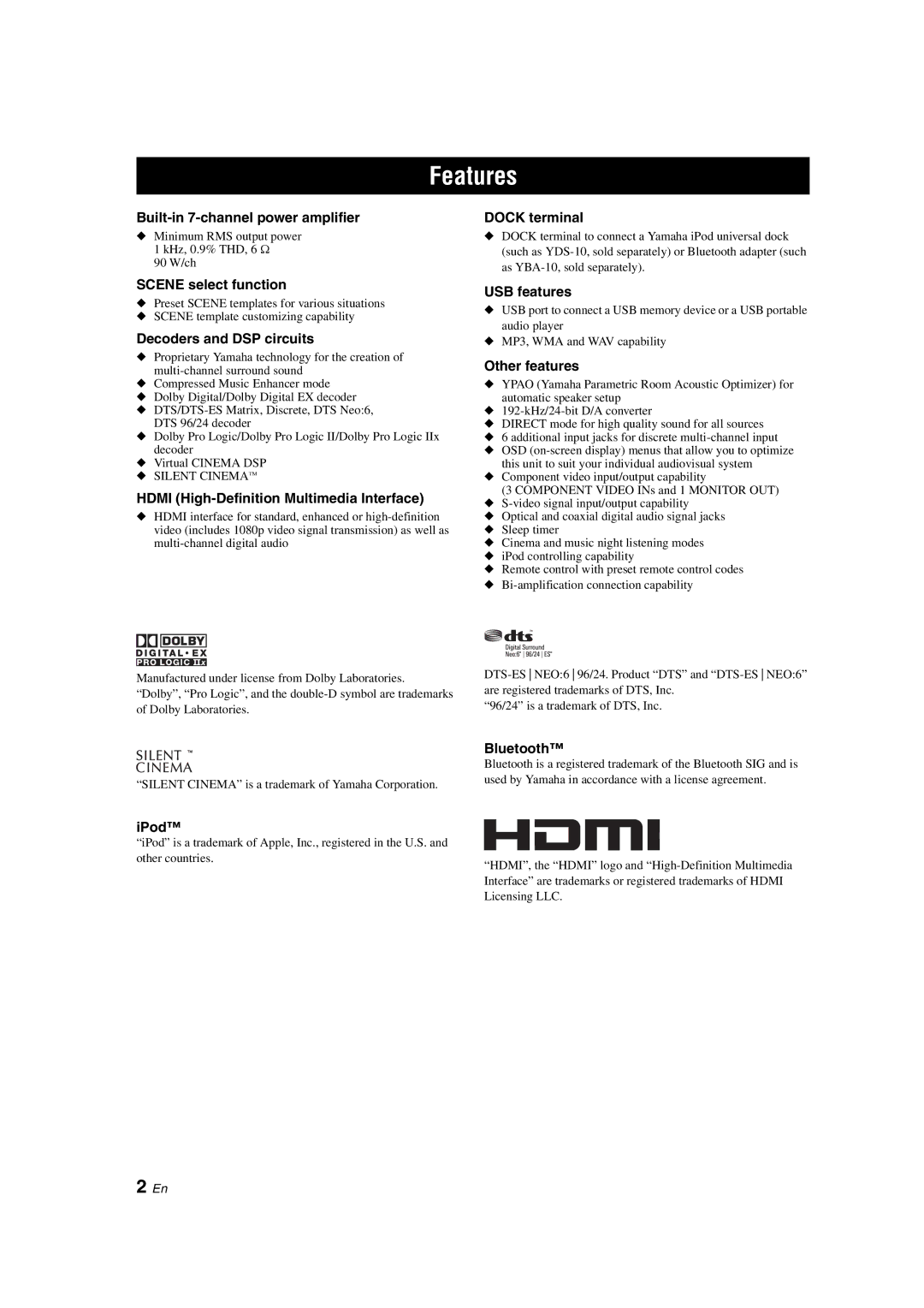 Yamaha DSP-AX563 owner manual Features 