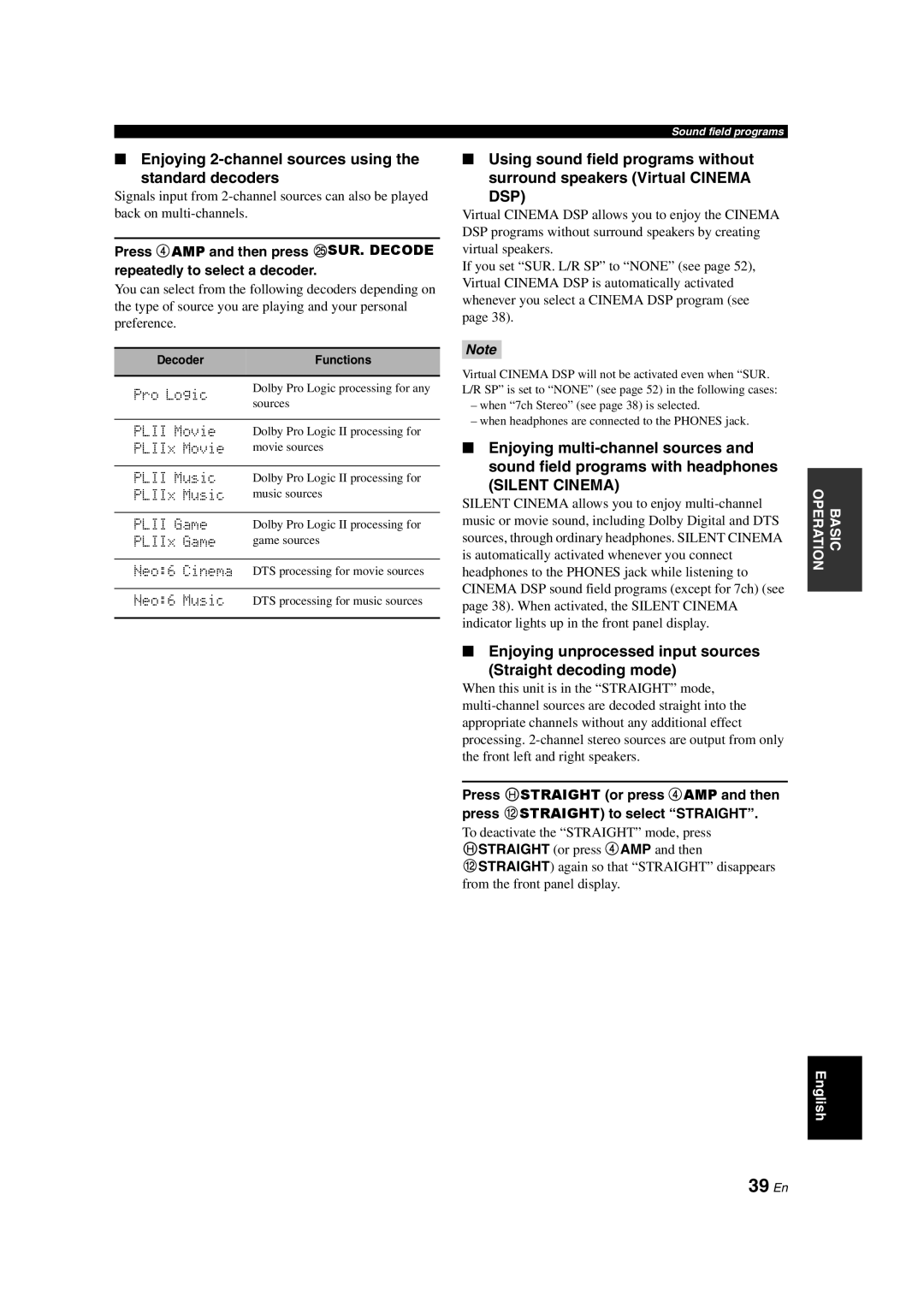 Yamaha DSP-AX563 owner manual 39 En, Enjoying 2-channel sources using Standard decoders 